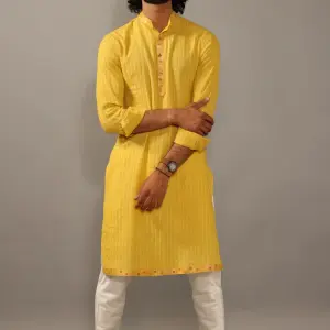 Daffodil Yellow Cotton Kurta Pajama Banarasi Details - Premium Festive Set | Jaipurio