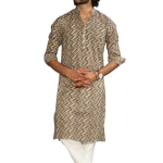 Cedar Brown Zigzag Printed Sanganeri Kurta Pyjama Set Men - Authentic | Jaipurio
