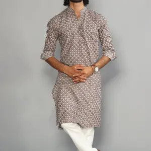 Tawny Brown Sanganeri Scales Print Kurta White Pyjama - Authentic | Jaipurio