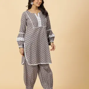 Tawny Brown Sanganeri Coord White Lace - Premium Matching Set | Jaipurio