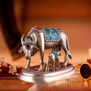 Pure Brass Kamdhenu Cow with Calf Meenakari Stonework - Divine Decor | Jaipurio