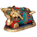 Brass Resting Ganesh Inlay Figurine: 7.62x10.16x17.78cm Relaxing Art | Handcrafted Inlay Design | Peaceful Divine Decor | Sacred Art