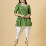 Leaf Green Embroidered Short Kurti Tulip Set - Cotton Ethnic Wear Online | Jaipurio