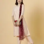 Peach A-line Kurti Palazzo Wine Sequin Dupatta Set - Premium 3-Piece | Jaipurio