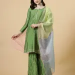Green Kurti Sharara Multicolor Organza Dupatta Set - Premium Festival Wear | Jaipurio