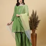 Green Kurti Sharara Multicolor Organza Dupatta Set - Premium Festival Wear | Jaipurio