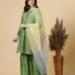 Green Kurti Sharara Multicolor Organza Dupatta Set - Premium Festival Wear | Jaipurio