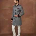 Textured Grey Pinstriped Short Achkan (S-XL) | Modern Formal Elegance | Pinstripe Texture Collection by Jaipurio