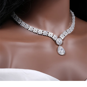 Bridal Necklace Set Diamond Wedding Jewelry | Silver Crystal Necklace Earrings Set | Elegant Bridal Accessories | Jaipurio Luxury Wedding Collection