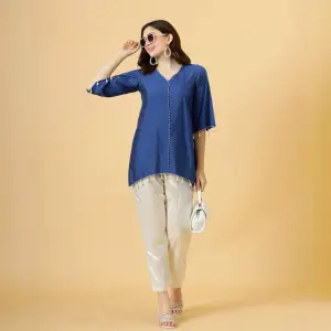 Classy Yale Blue Silk Co-Ord Set Luxury Fashion - Premium Pure Silk Contemporary | Jaipurio