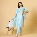 Sky Blue Kurti Palazzo Brocade Jacket Set - Designer 3-Piece Ethnic | Jaipurio