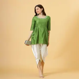 Leaf Green Embroidered Short Kurti Tulip Set - Cotton Ethnic Wear Online | Jaipurio
