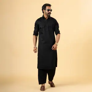 Black Pathani Kurta Salwar - Premium Afghan Heritage Traditional Menswear | Jaipurio