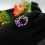 Natural Amethyst & Multi-Tourmaline Silver Ring | Genuine Gemstone Statement Ring | Oval Cut Flower Design | Handcrafted Cocktail Jewelry