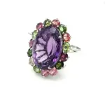 Natural Amethyst & Multi-Tourmaline Silver Ring | Genuine Gemstone Statement Ring | Oval Cut Flower Design | Handcrafted Cocktail Jewelry