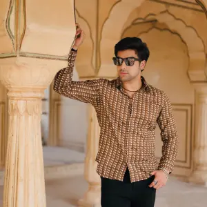 Walnut Brown Sanganeri Print Cotton Shirt - Traditional Heritage Clothing | Jaipurio