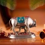 8" Pure Brass Kamdhenu Cow with Calf Statue - Meenakari Stonework, Decorative & Spiritual Masterpiece