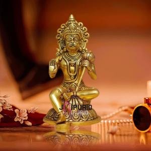 7.7" Pure Brass Blessing Hanuman Idol | Sacred Temple Murti | Divine Grace Statue