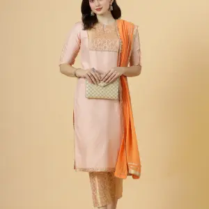 Peach Silk Kurti Brocade Pants Set - Luxury Ethnic Festive Wear | Jaipurio