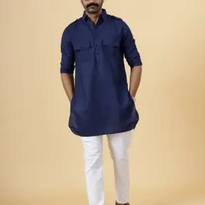 Navy Blue Cotton Hunting Style Kurta Pajama - Elegant Traditional Menswear | Jaipurio