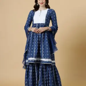 Navy Blue Sanganeri Block Print Kurti Sharara Set - Traditional Ethnic | Jaipurio