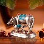 8" Pure Brass Kamdhenu Cow with Calf Statue - Meenakari Stonework, Decorative & Spiritual Masterpiece