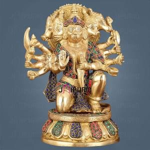 Brass Superfine Panchmukhi Hanuman Statue 10" | Intricate Stonework | Handcrafted Divine Presence | 7.5" Width, 5" Depth | Spiritual Home & Office Decor