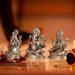6" Pure Brass Ganesh Lakshmi Saraswati Idol Set | Divine Trinity Temple Murti | Sacred Trio Set