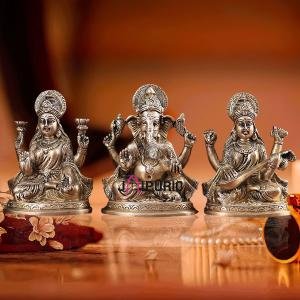 6" Pure Brass Ganesh Lakshmi Saraswati Idol Set | Divine Trinity Temple Murti | Sacred Trio Set