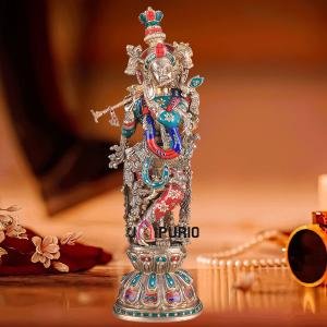 Pure Brass Krishna Statue - 21" Height | Meenakari Delight