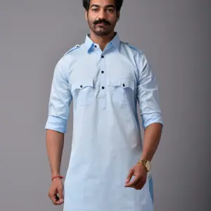 Sky Blue Short Hunting Style Kurta Pajama - Trendy Traditional Menswear | Jaipurio