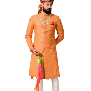 Handmade Royal Orange Brocade Silk Achkan | Elegant Ethnic Wear | Jaipurio