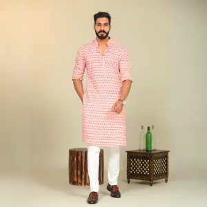 Pink Sanganeri Booti Print Cotton Kurta Pajama | Traditional Block Print Design | Premium Ethnic Wear | Handcrafted Excellence