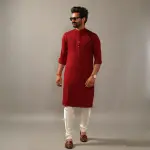 Handmade Ruby Red Chikankaari Embroidered Kurta Pajama Set for Men