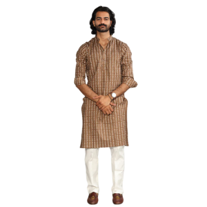 Walnut Brown Sanganeri Printed Kurta With White Pyjama for Men