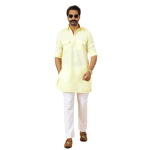 Light Yellow Cotton Hunting Style Kurta-Pajama Set | Premium Traditional Ethnic Wear | Classic Men's Formal & Festive Ensemble | Summer Perfect