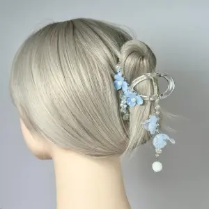 Pastel Blue Flower Hair Claw with Pearl Tassel | Handmade Floral Hair Clip | Romantic Hair Accessory | Elegant Style | Premium Hair Jewelry