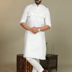 White Short Collared Hunting Style Kurta for Men - Classic Masculine | Jaipurio